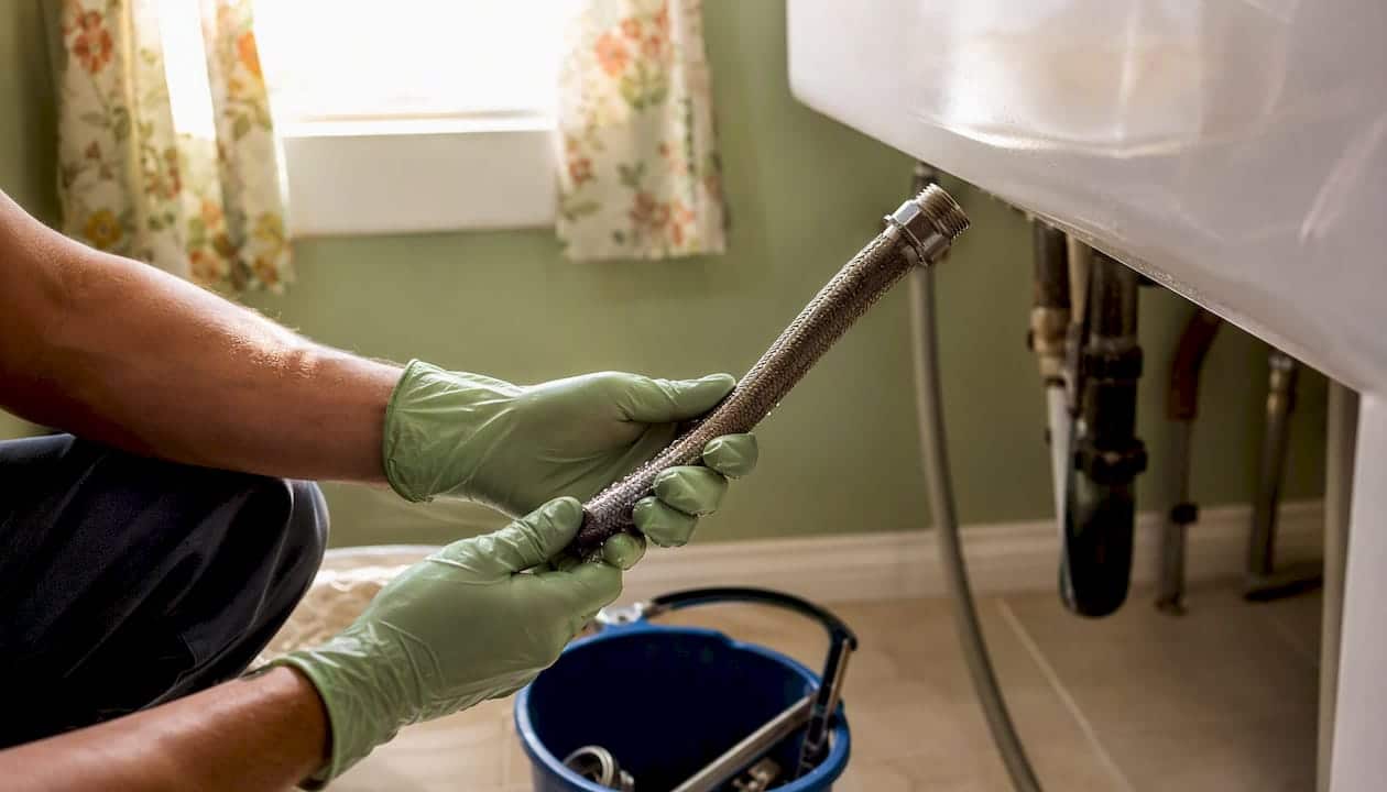 Hands inspecting washing machine water supply hose