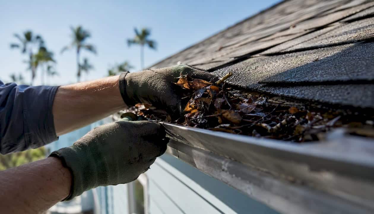 Hands cleaning debris from home rain gutter