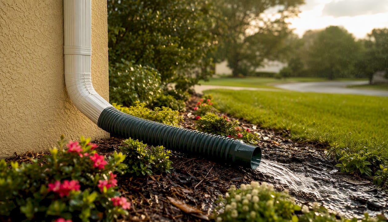 Water flowing from rain gutter downspout extension away from home foundation