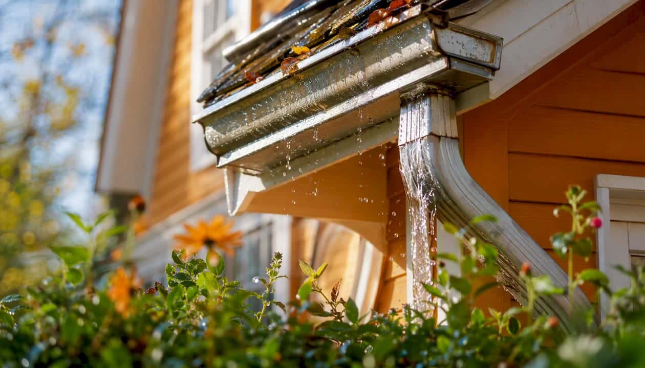 Water running from rain gutter into downspout