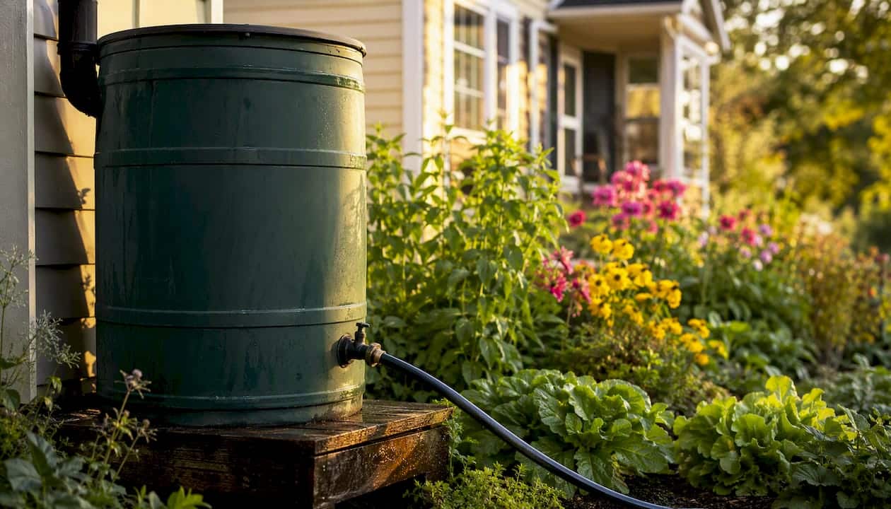 Elevated rain barrel with garden hose outdoors