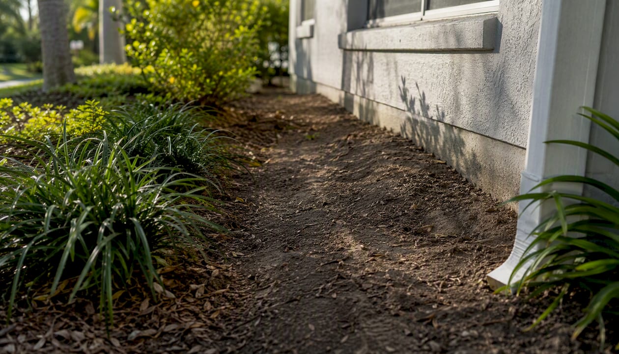Soil slope and splash block near house foundation