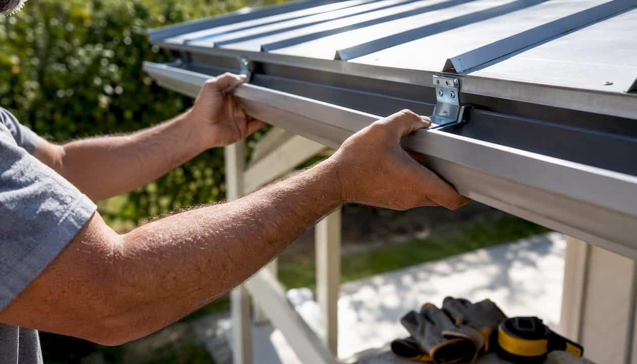 Contractor attaching gutter to metal carport roof