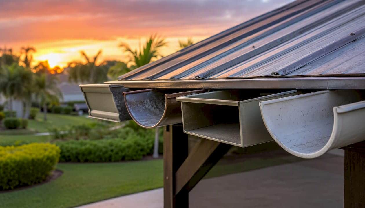 Close-up of four metal gutter profiles on carports