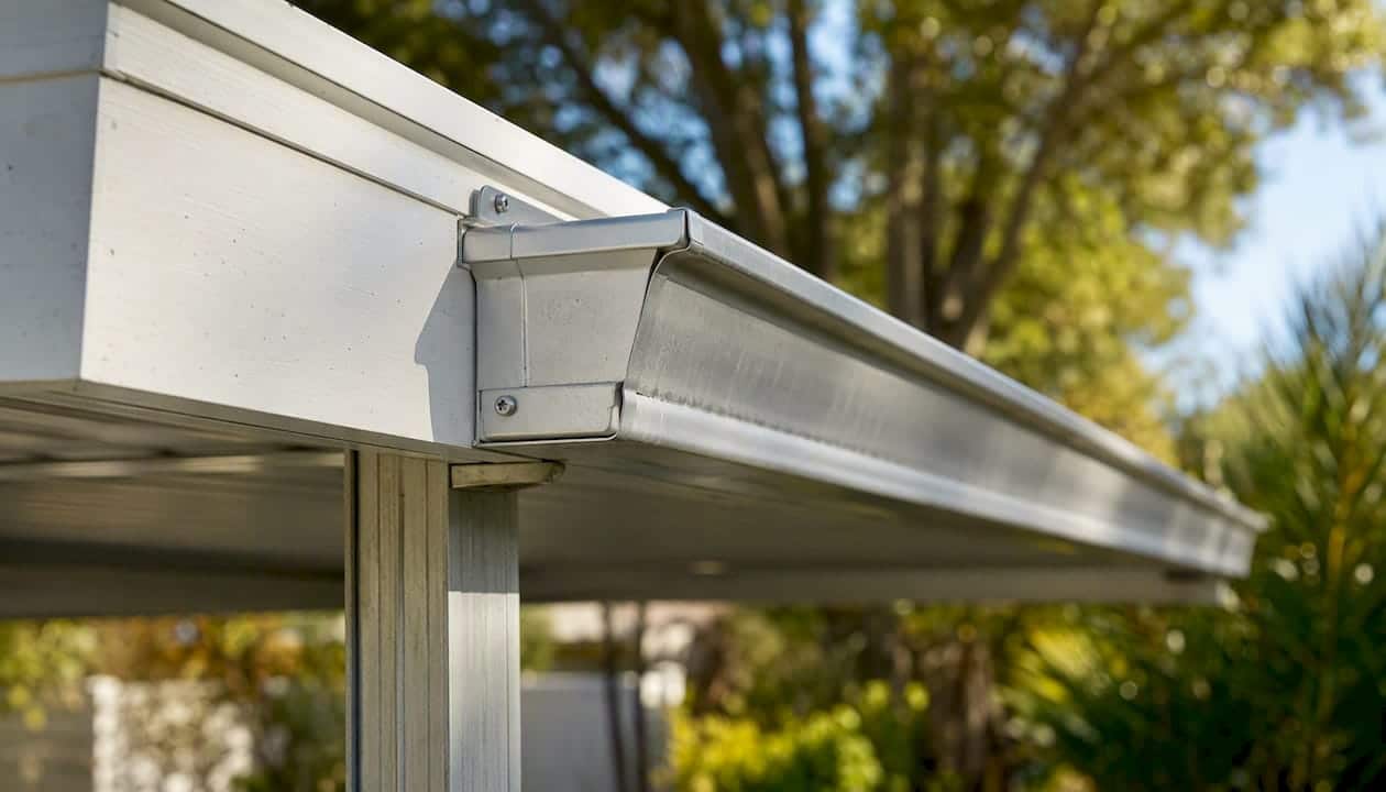 Aluminum gutter attached to metal carport fascia