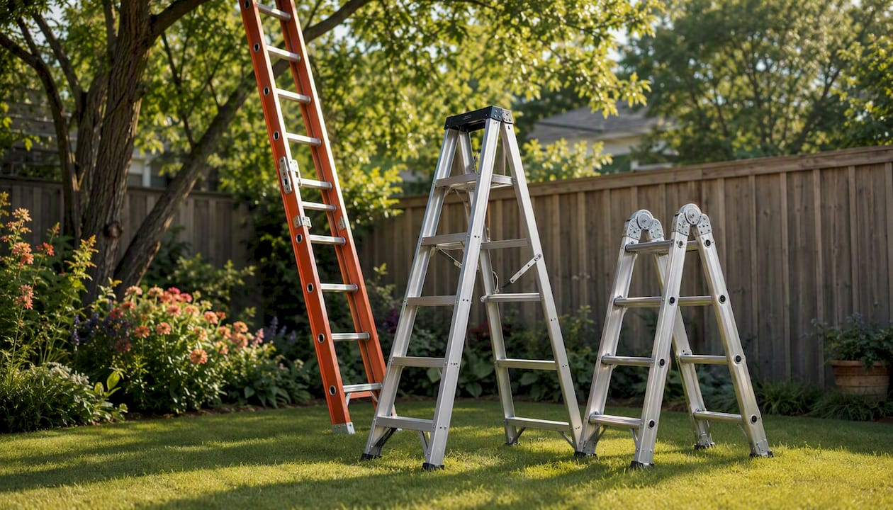 Various ladder types for gutter cleaning outdoors