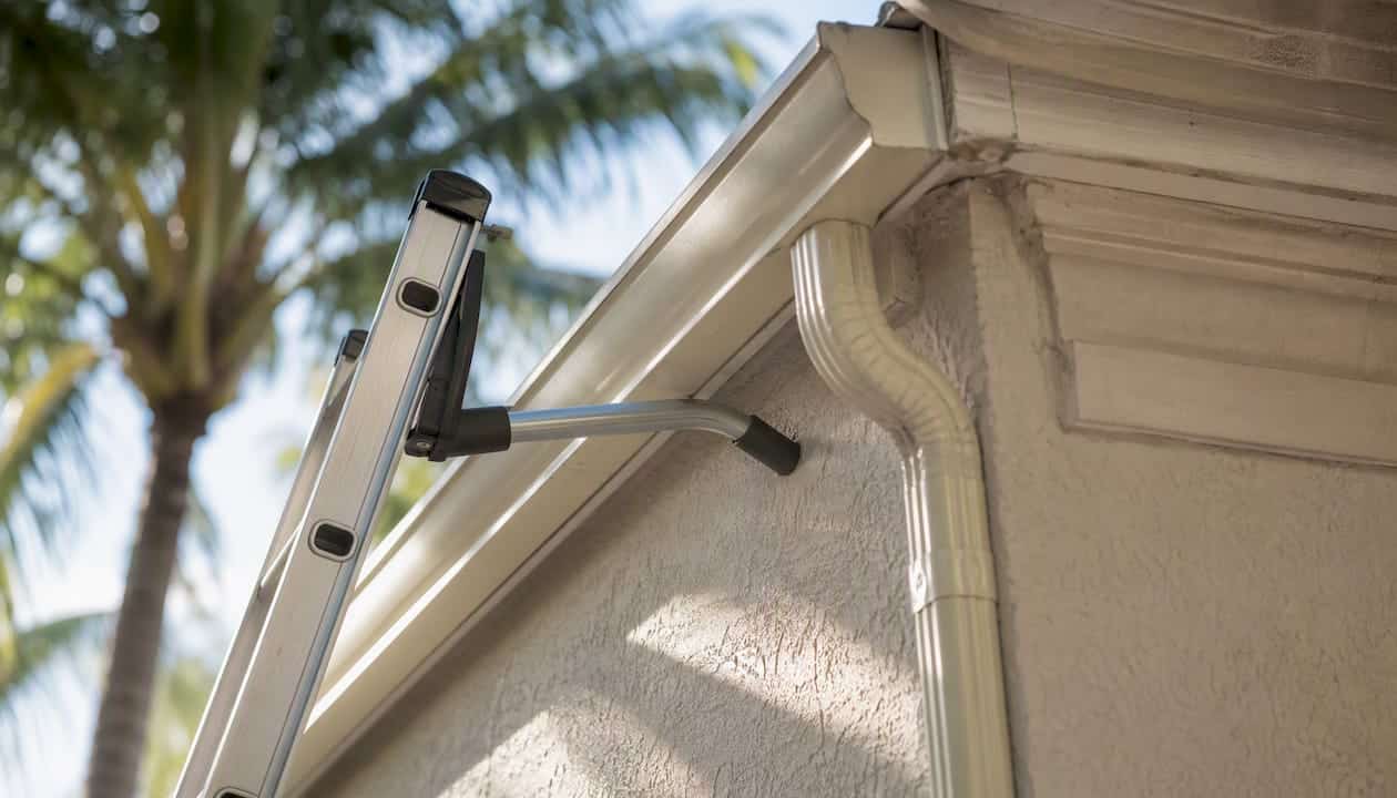 Ladder with stabilizer preventing gutter damage
