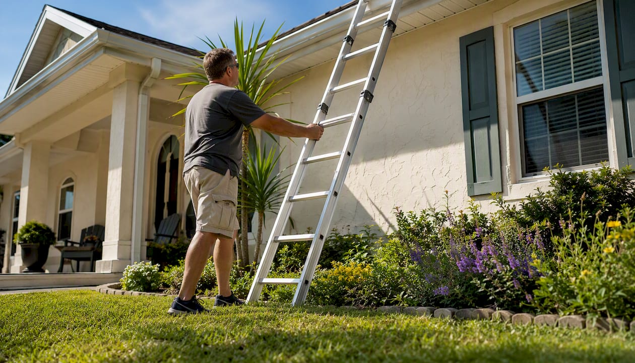 Homeowner setting ladder against house gutter