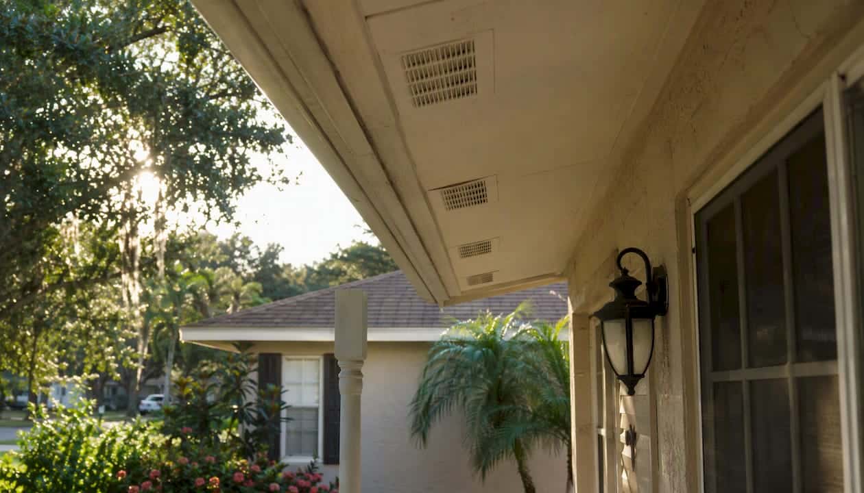 Close-up of soffit vents under attic eaves