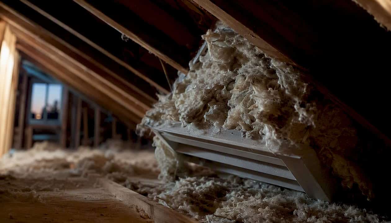 Insulation blocking soffit vent in attic
