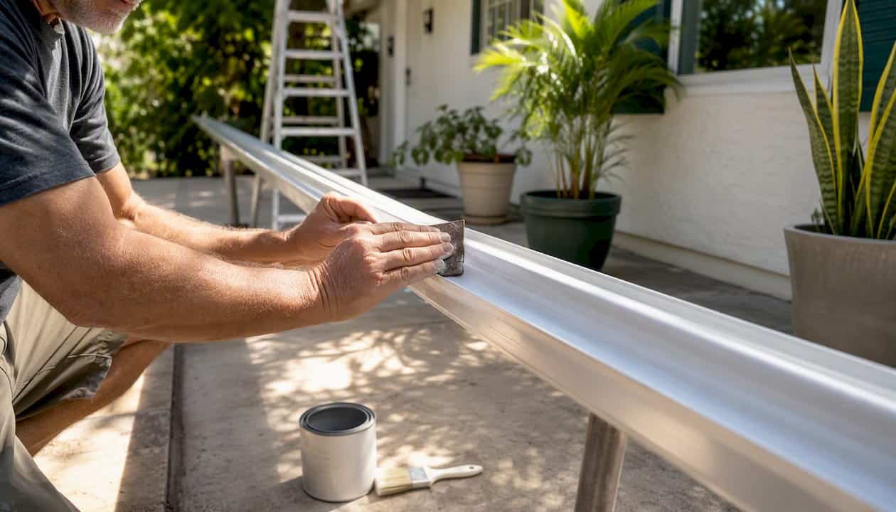 Hands sanding aluminum gutter on ladder