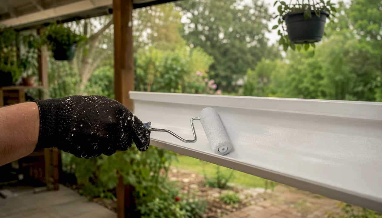 Hand back-rolling primer on aluminum gutter