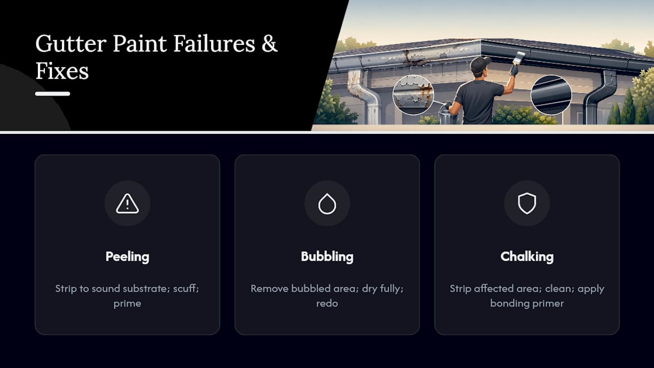 Diagram of paint failure causes and fixes on gutters