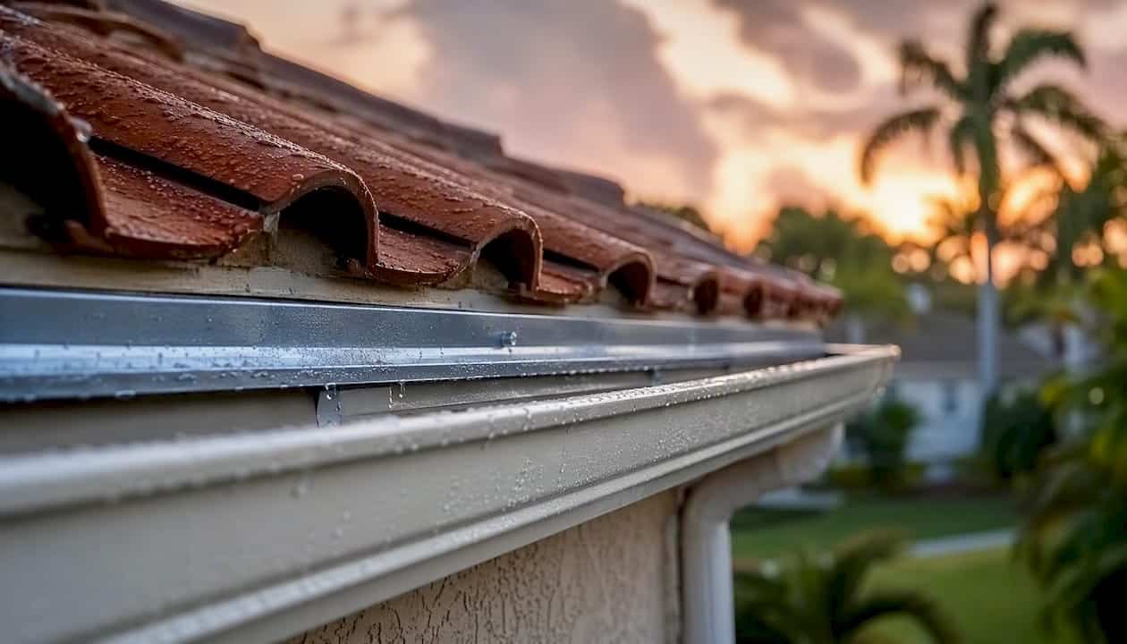 Close-up of roof drip edge directing water into gutter