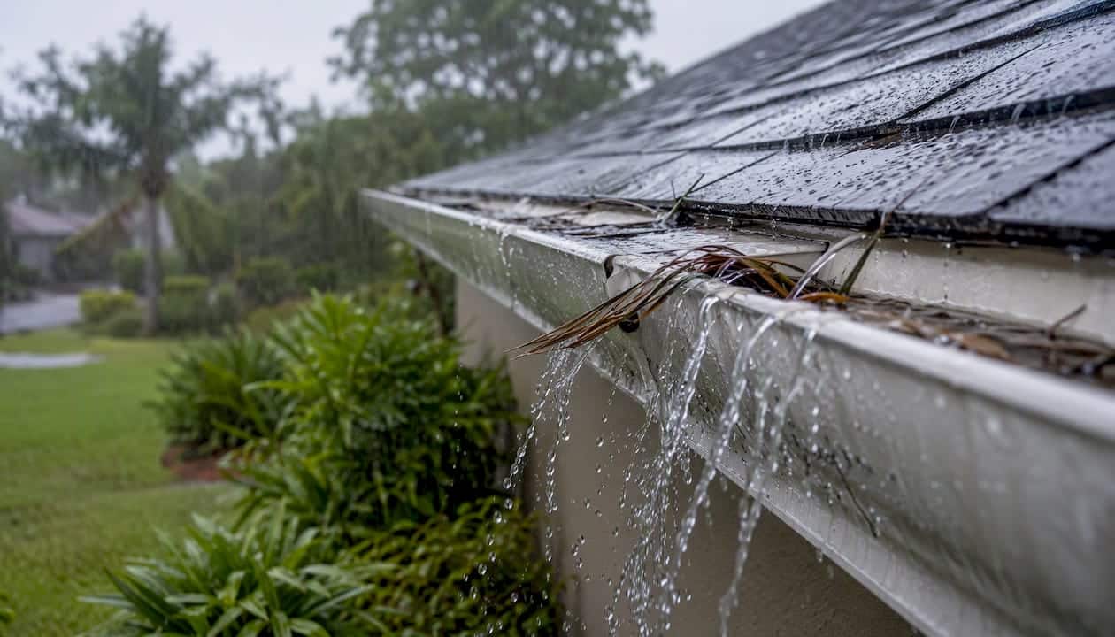 Overflowing rain gutter spilling water during storm