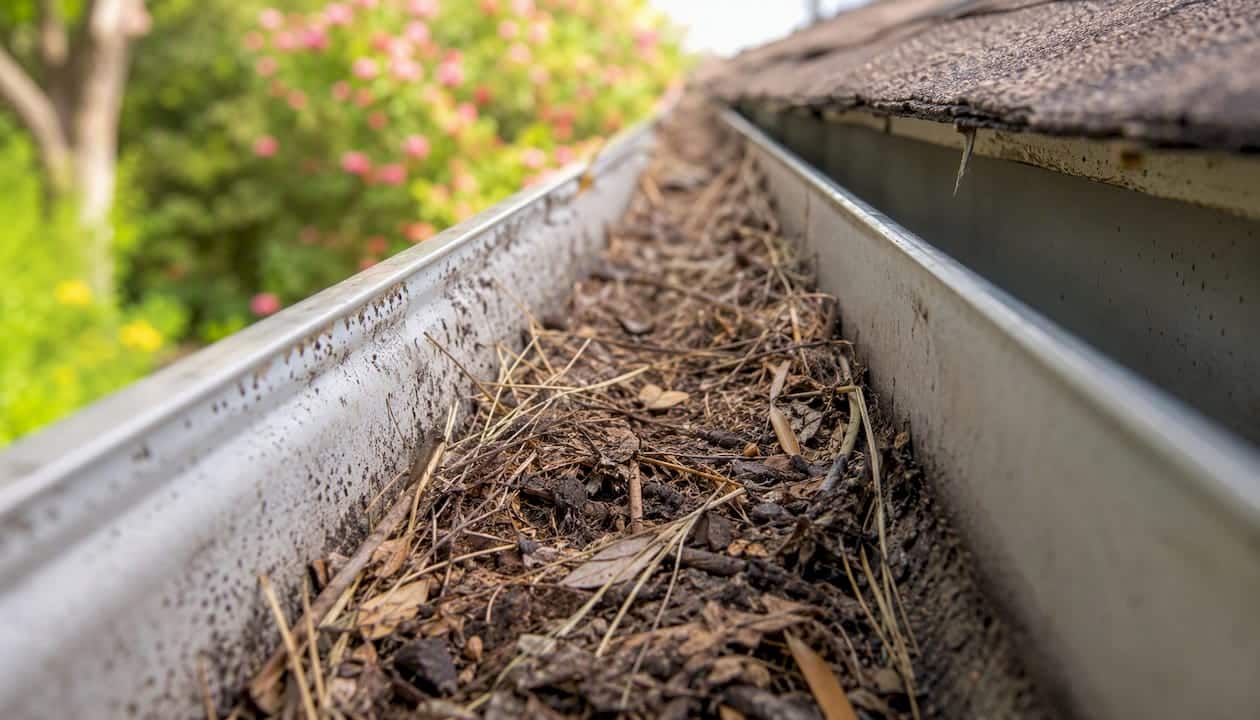 Debris clogging seamless gutter inside