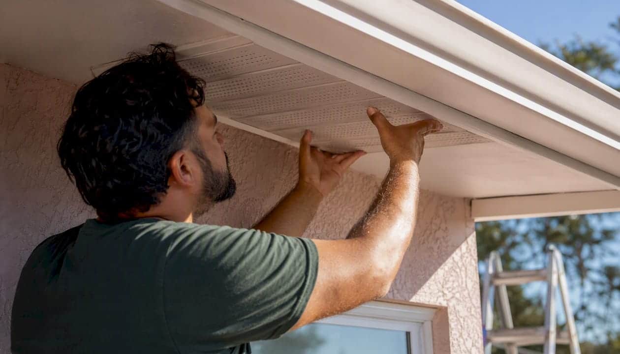 Technician installing vented soffit panel under roof overhang
