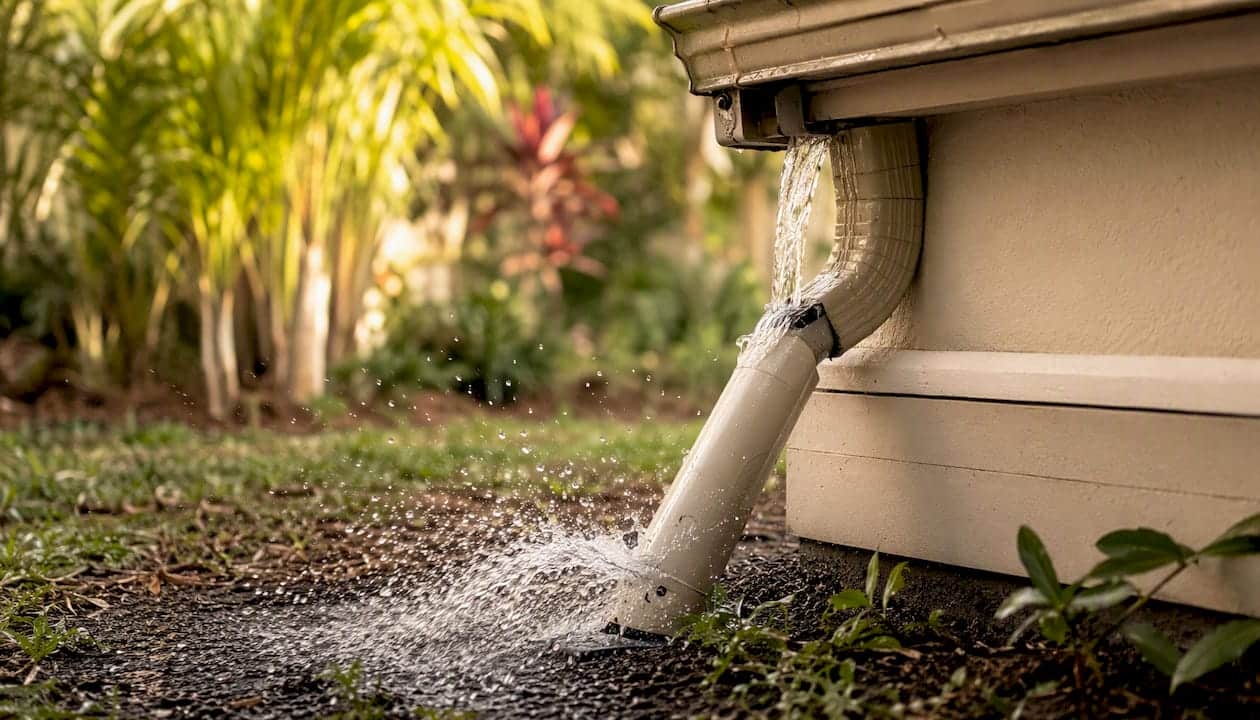 Rainwater flowing from gutter downspout extension