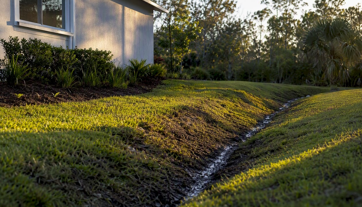 Soil berm and swale directing water flow
