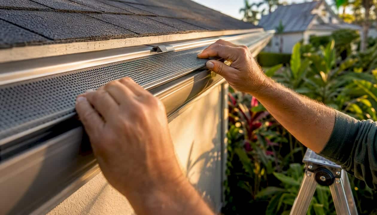 Hands installing micro mesh gutter guard