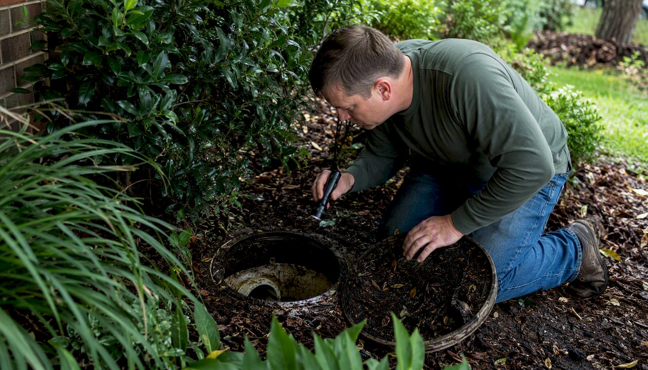 Garden hose inserted into underground drain