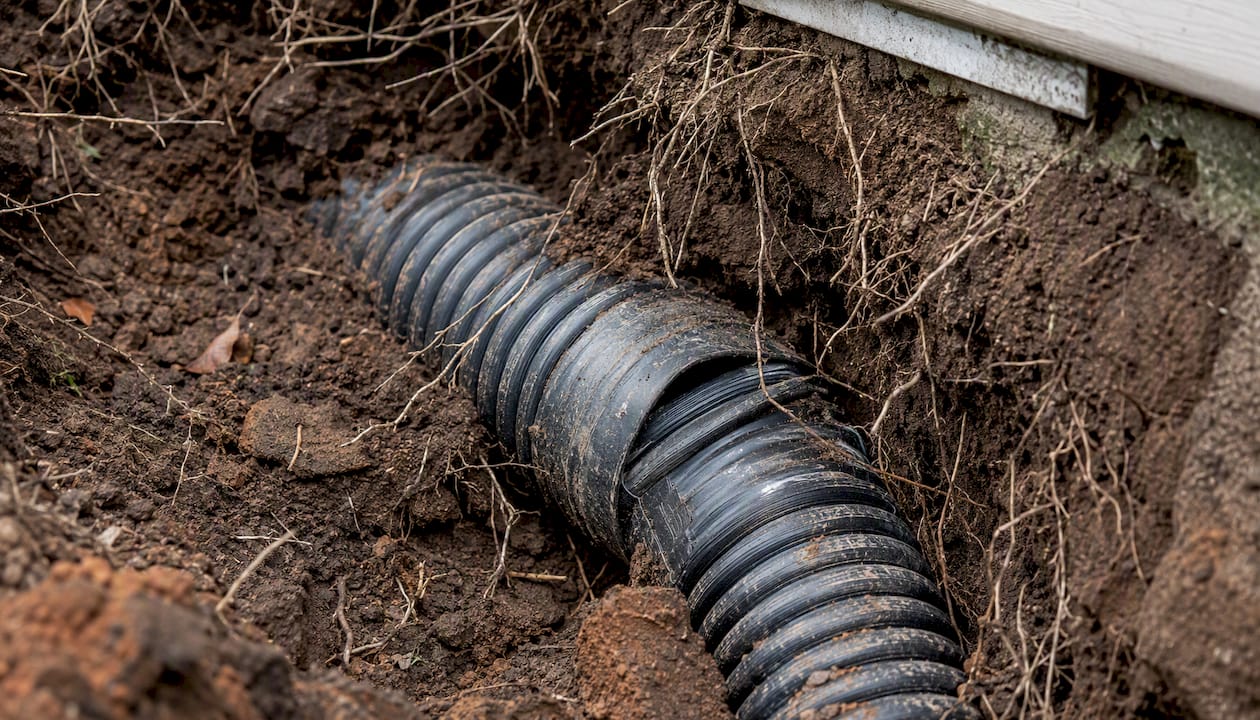 Exposed damaged underground drain pipe