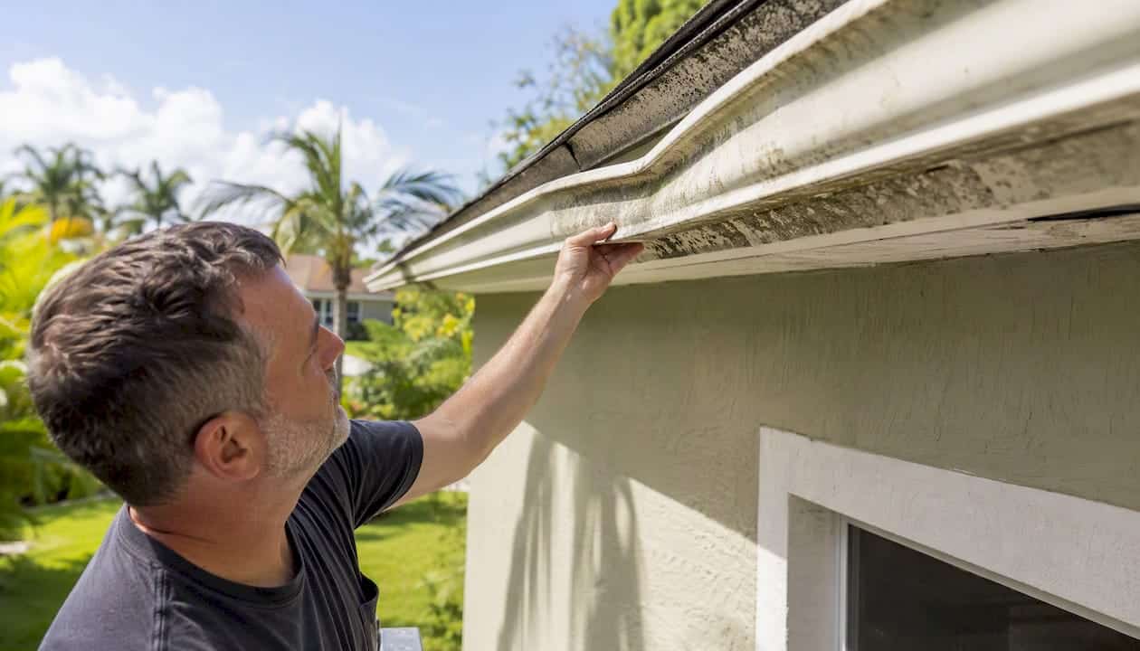Sagging rain gutter with water stains