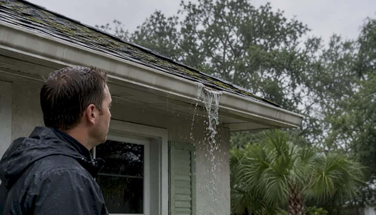 Rainwater overflowing warped gutter