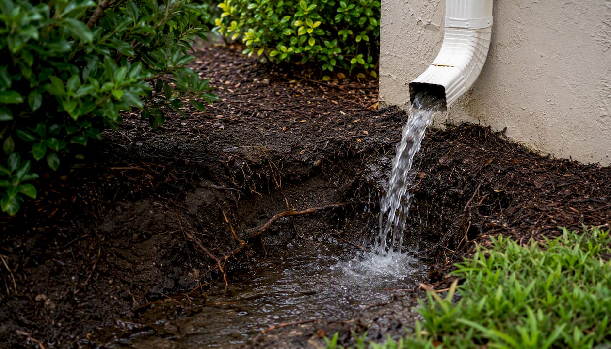 Erosion under misdirected downspout outlet