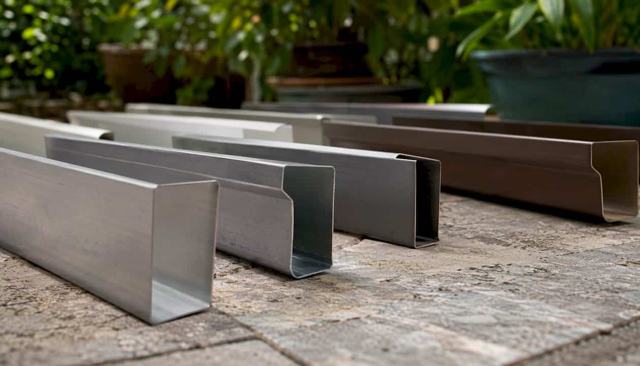 Close-up of aluminum and metal gutter materials