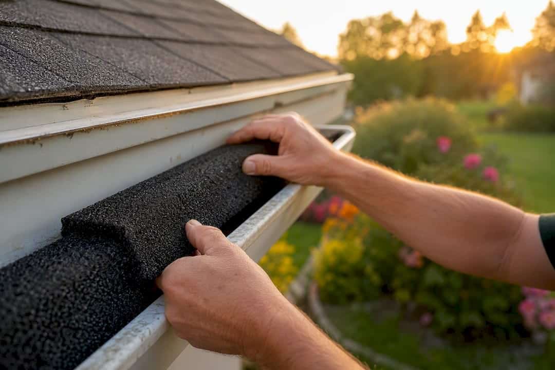 Hands installing foam gutter guard insert