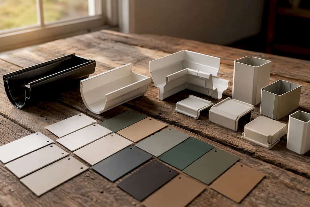 Paint chips and gutter components on table