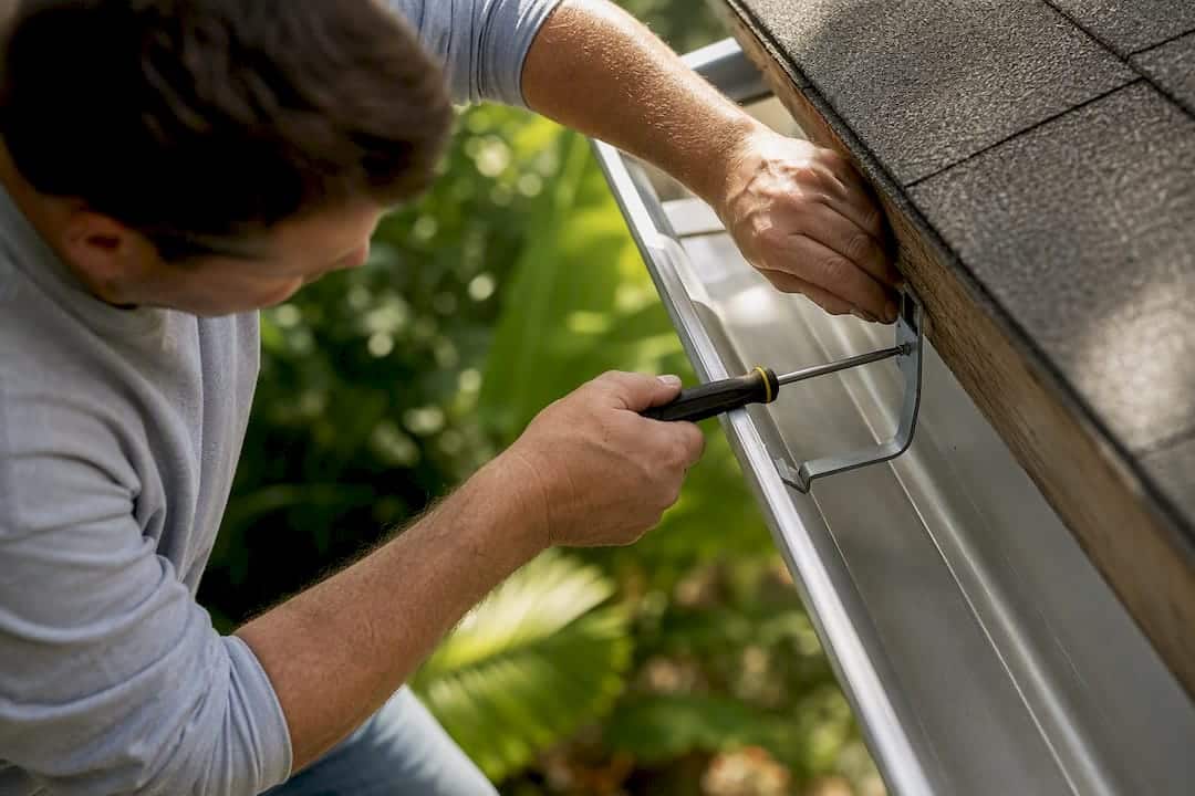 Installer fitting hidden gutter hanger under roof eaves