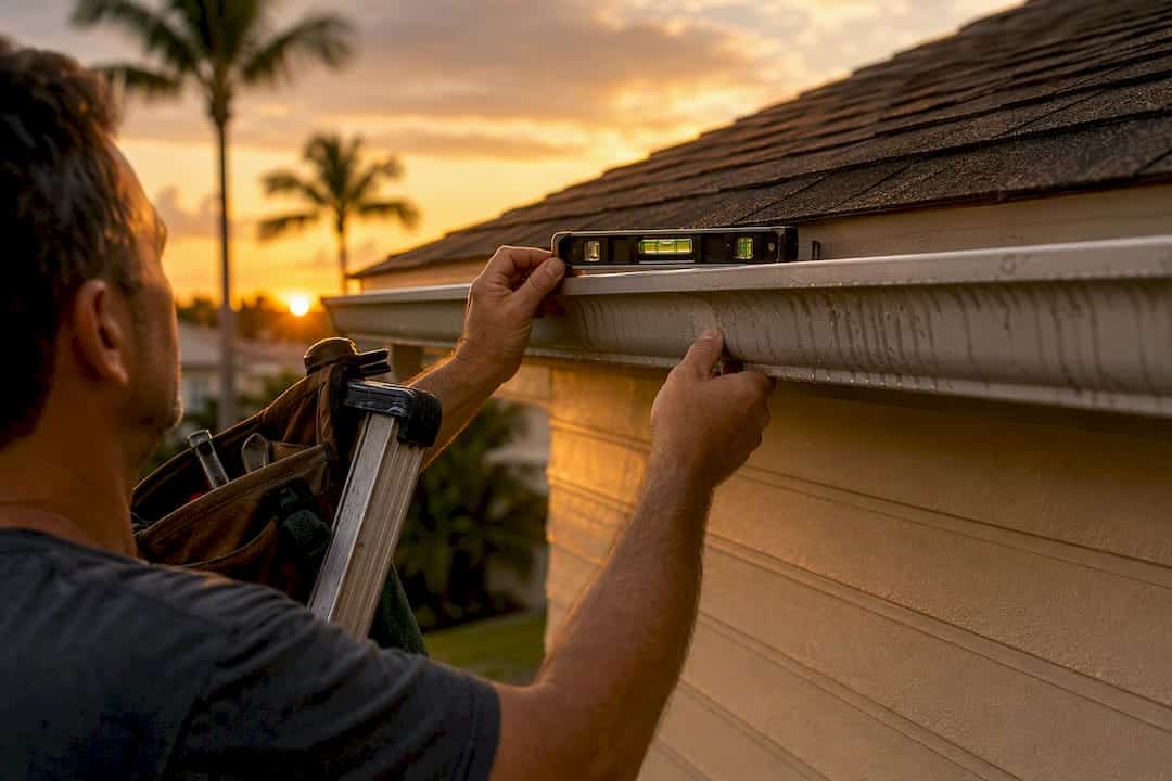 Hands checking gutter pitch with level
