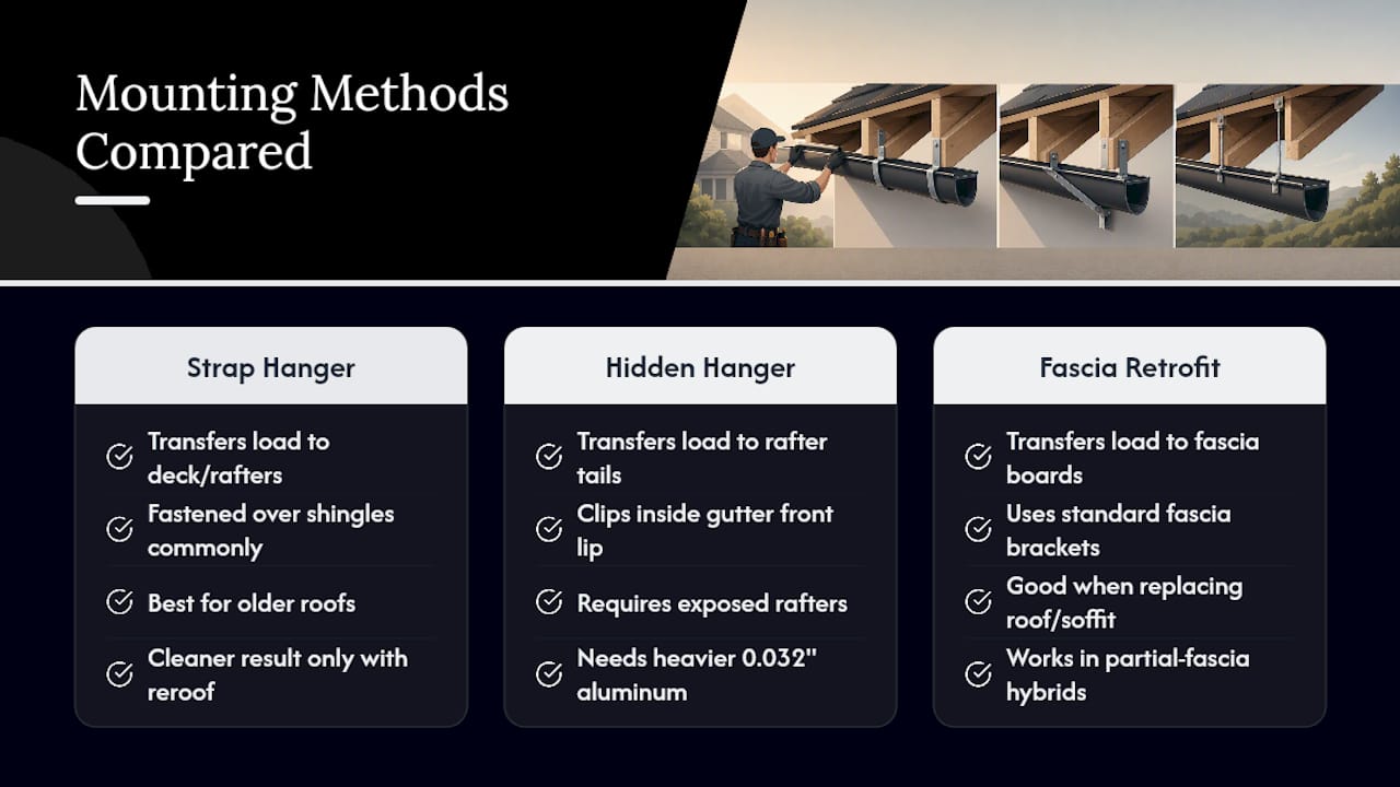 Diagram comparing fascia-free gutter mounting methods