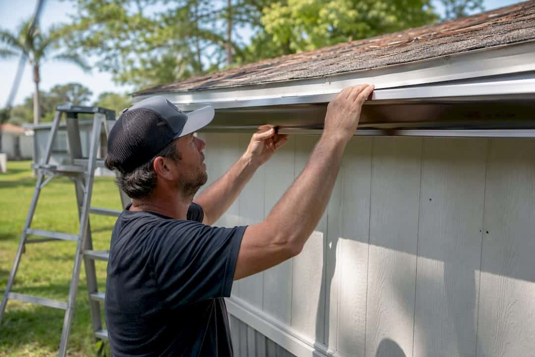 Hands installing seamless gutter on mobile home