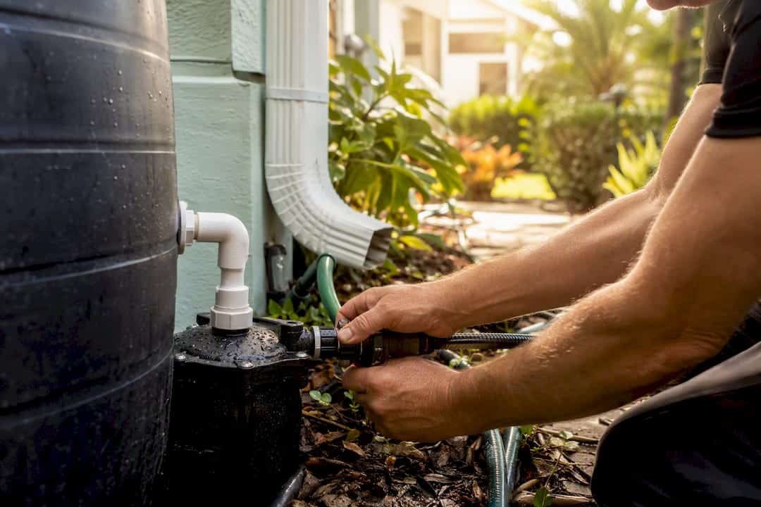 Hands installing pump on rain barrel for irrigation