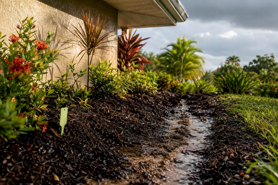 Flower bed showing gutter runoff erosion