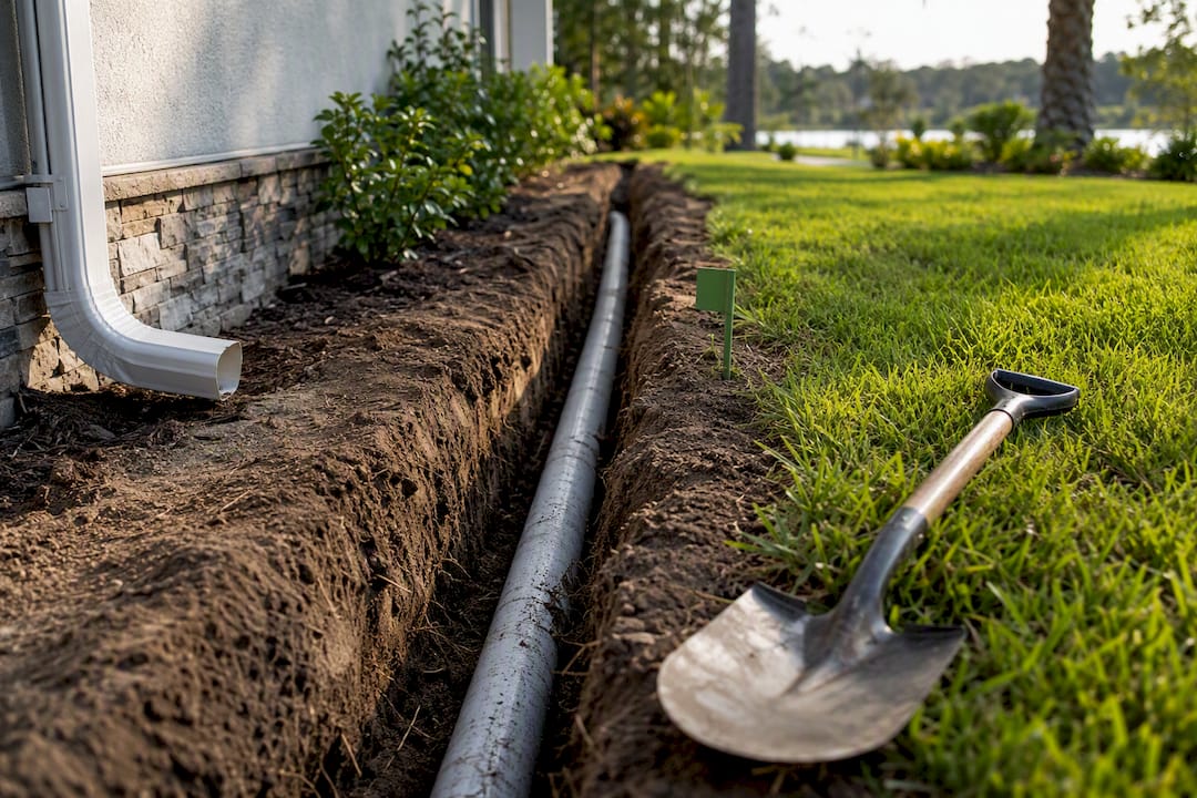 Buried downspout pipe running through yard