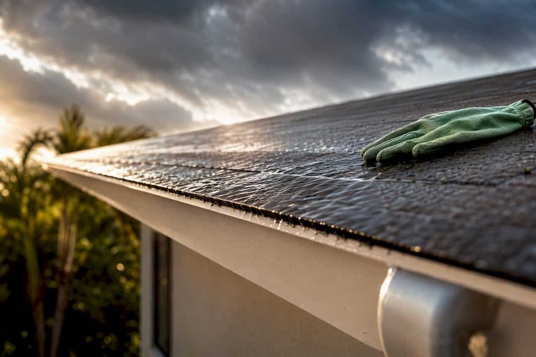 Rainwater flowing toward low slope roof drainage
