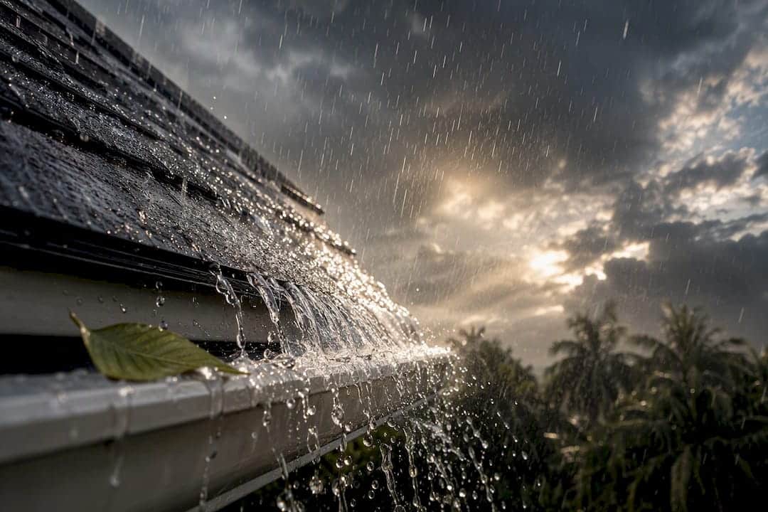 Rainwater rushing into steep roof gutter