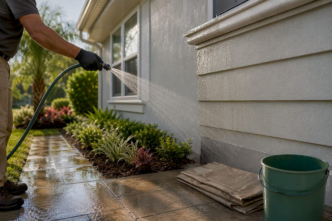 Homeowner pre-wetting plants before gutter cleaning